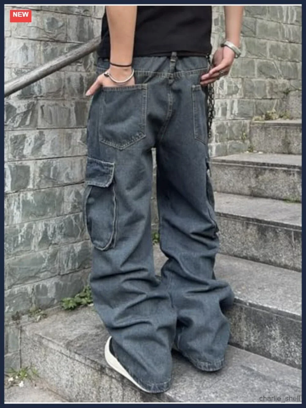 Mens Baggy Cargo Jeans Wide Leg Denim Pants Y2K Streetwear Cotton